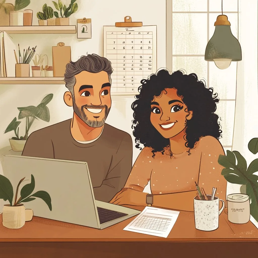 Illustration of a couple planning a business together at a laptop