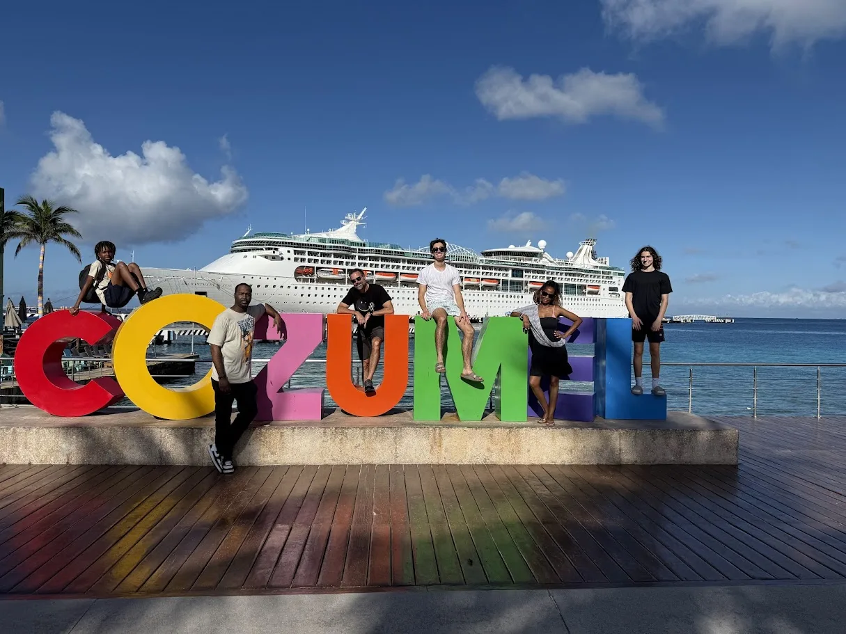 The group on our Cozumel port stop, cruise ship docked behind us