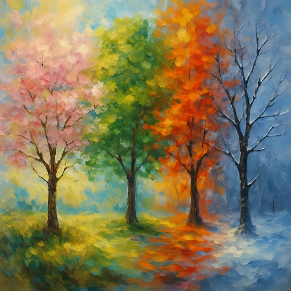 Painting of four trees representing the four seasons