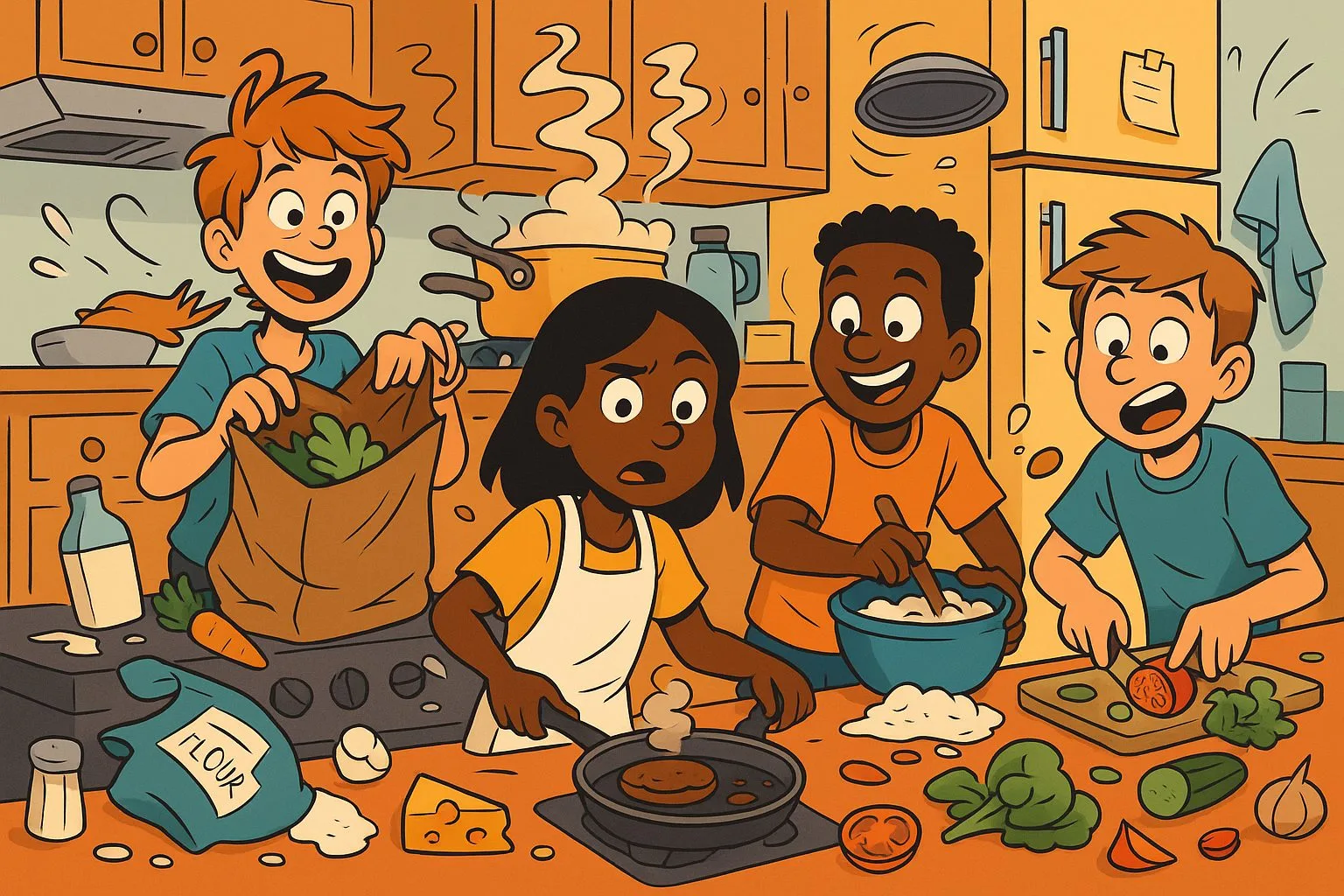 Illustration of kids cooking in a chaotic kitchen